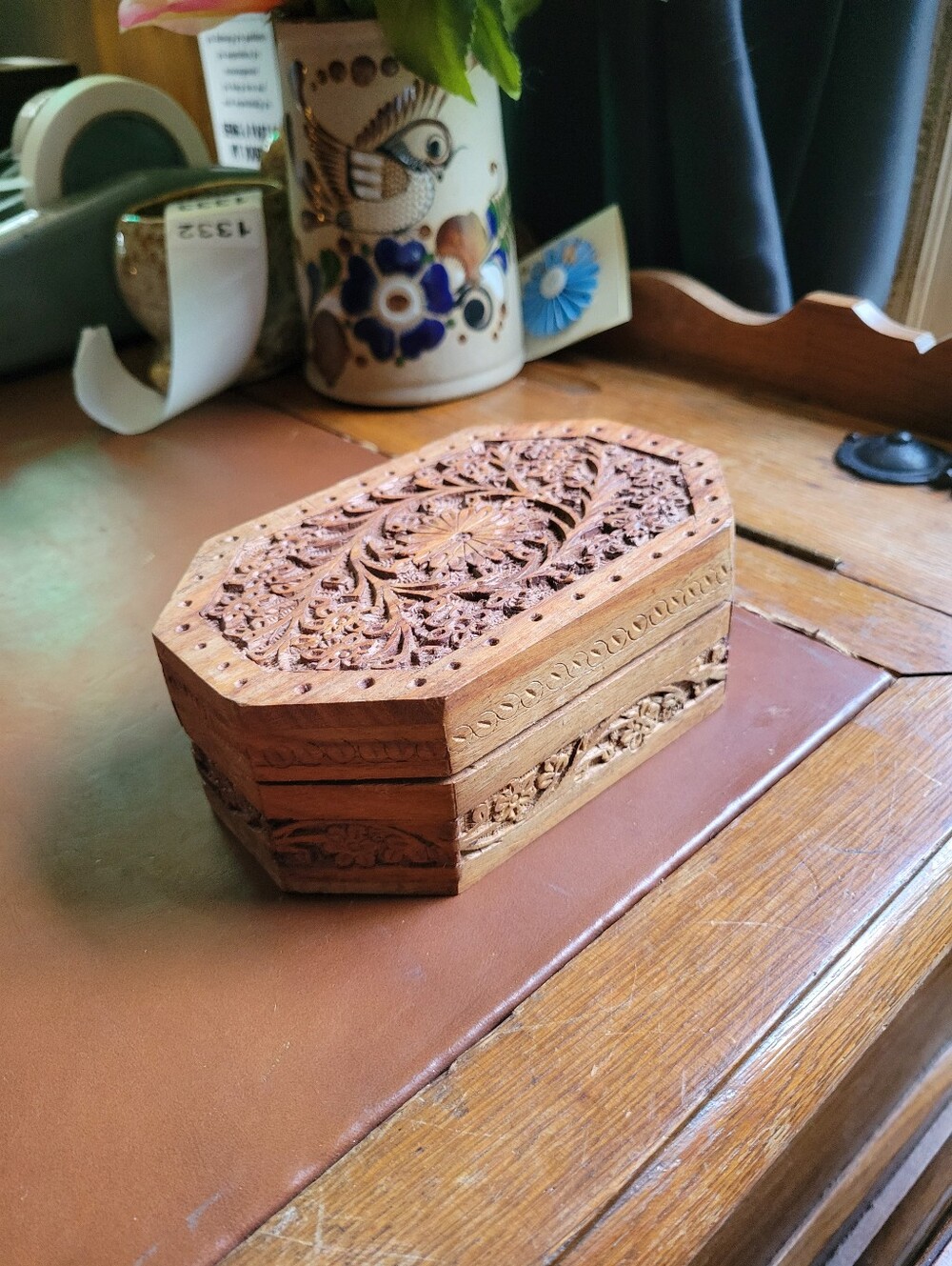 Vintage Hand Carved Wooden Octagon Trinket Box Floral Leaf Jewelry Keepsake...